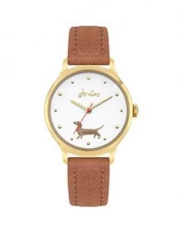 Image of Joules Ladies Watch With Tan Leather Strap And Off-White With Daschund Print Dial