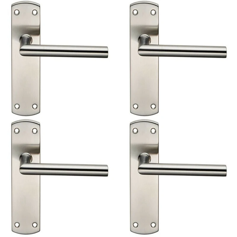 Image of Loops 4x Mitred Lever Door Handle on Latch Backplate 172 x 44mm Satin Steel Metallics