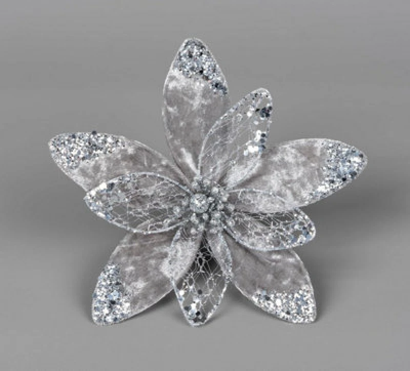 Image of Shatchi 20cm Silver Poinsettia Poinsettia Flower - Christmas Tree Decoration Silver