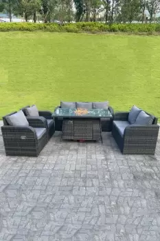 Image of Fimous 7 Seater Outdoor Dark Grey Rattan Lounge Complete Sofa Set with Gas Fire Pit Table, Heater and Reclining Chairs