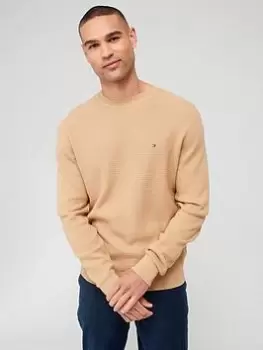 Image of Tommy Hilfiger Interlaced Structure Crew Neck, Khaki, Size S, Men