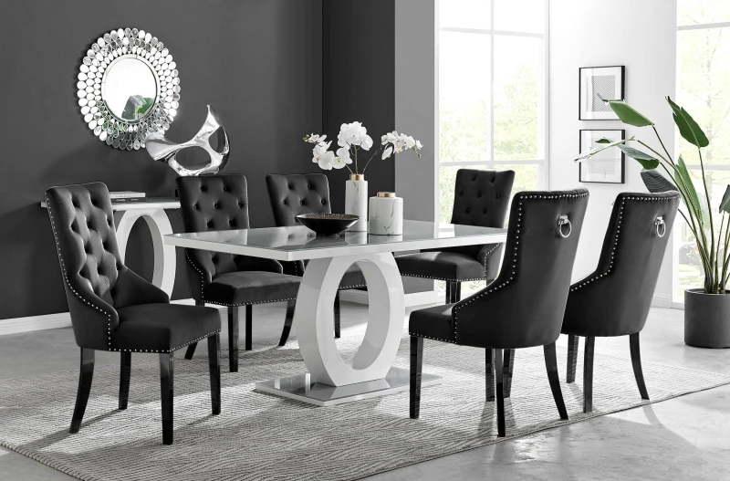 Image of FurnitureboxUK FurnitureboxUK Giovani 6-Seater Grey Glass Dining Table and 6 Belgravia Velvet Dining Chairs in Black One Size Unisex 50565426771