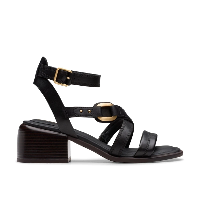 Image of Clarks Clarks Women Morwyn Strap Black Leather Heeled Sandals Size: 6-Standard Fit Black 6-Standard Fit Female 5063421057324