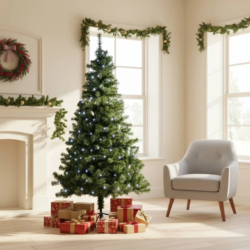 Image of Shatchi 7FT Prelit Green Alaskan Pine Christmas Tree White LEDs Green Unisex 7ft