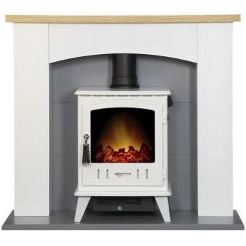 Image of Huxley in Pure White & Grey with Aviemore Electric Stove in White Enamel, 39" - Adam
