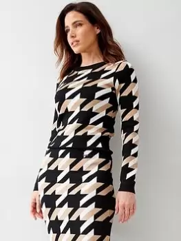Image of BOSS Furkina Houndstooth Knitted Top - Multi, Size S, Women
