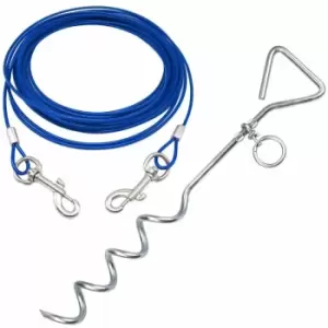 Image of Pet Dog Puppy Outdoor Tie Out Lead Leash Extension Wire Cable Metal Stake Anchor - Blue - Medium