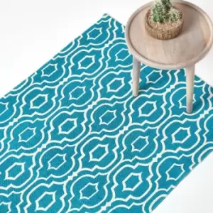 Image of Riga Teal and White 100% Cotton Printed Patterned Rug, 90 x 150cm - Blue - Homescapes