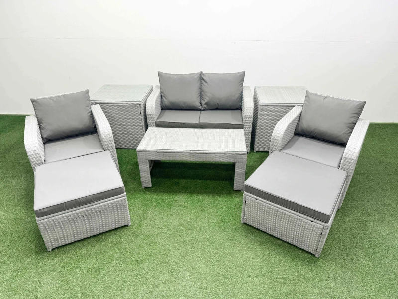 Image of Fimous Light Grey PE Wicker Rattan Garden Furniture Set Sofa Set Reclining Adjustable Chair Oblong Coffee Table 6 Seater 2 Big Stools 2 Side Table Lig