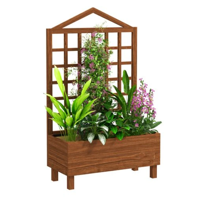 Image of Outsunny Wooden Garden Planters with Trellis for Vine Climbing Plants Brown