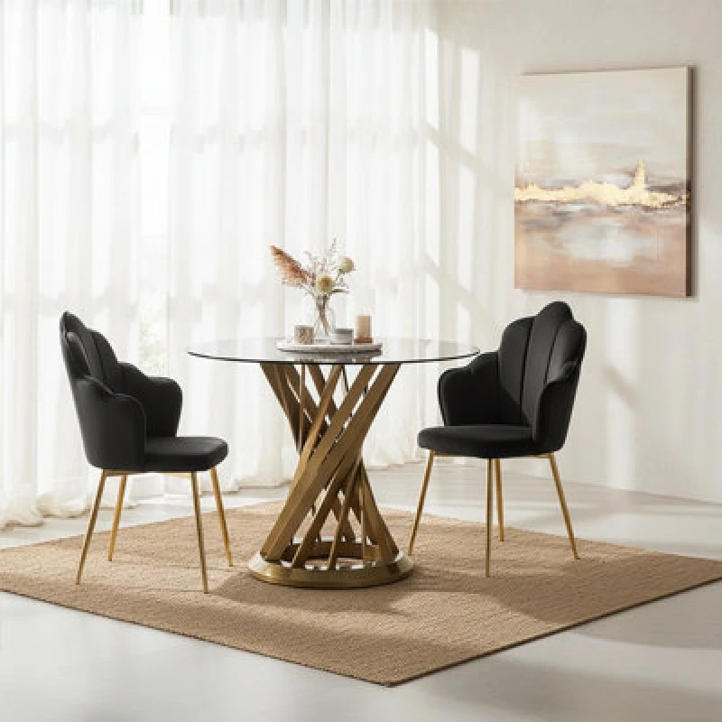 Image of Premier Housewares Black Glass and Gold Hourglass Base Dining Table, Modern Black and Gold Round Dining Table for Modern Homes Black