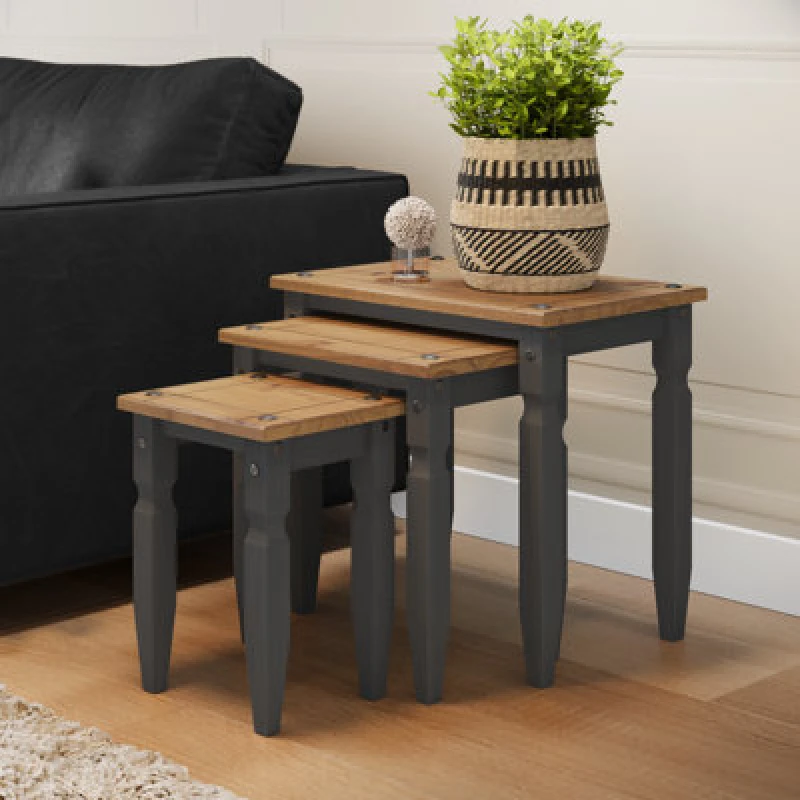 Image of Mercers Furniture Corona Charcoal Piccolo Nest Of 3 Tables Solid Pine With Mexican Styling, Grey CHARC77