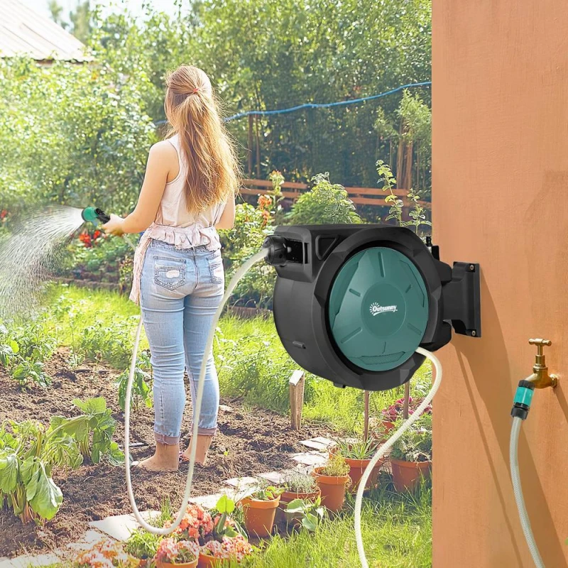 Image of OUTSUNNY Retractable Hose Reel Wall Mounted with Lock, Black Unisex