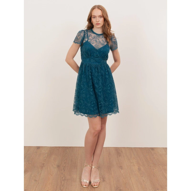 Image of Lovedrobe Womens Floral Lace Short Sleeve Mini Dress in Teal Size: 8 Teal Female 8
