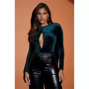 Image of I Saw It First Green Velvet Ruched Long Sleeve Bodysuit - Green