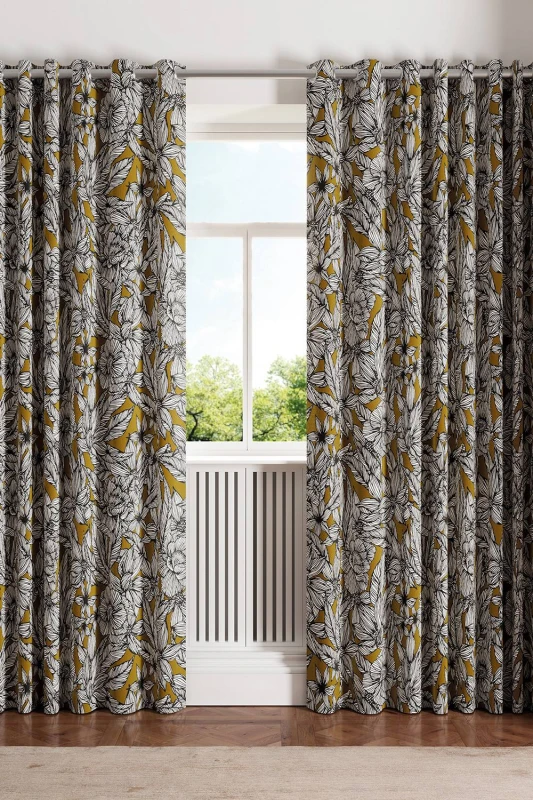 Image of Ted Baker 'Vietnm' Cotton Lined Curtains in Gold Size: 228cm width x 228cm drop Gold Unisex 228cm width x 228cm drop