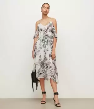 Image of AllSaints Womens Womens Floral Lightweight Fali Senja Midi Dress, White and Black, Size: 12, White/Black