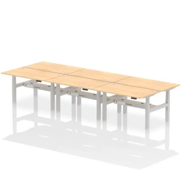 Image of Air Air Back-to-Back 1400 x 800mm Height Adjustable 6 Person Bench Desk Maple Top with Cable Ports Silver Frame HASCP6P14800MPES