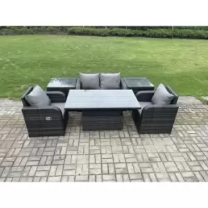 Image of Fimous 4 Seater Outdoor Dark Grey Rattan Lounge Sofa Complete Set with Adjustable Dining Table and 2 Side Tables
