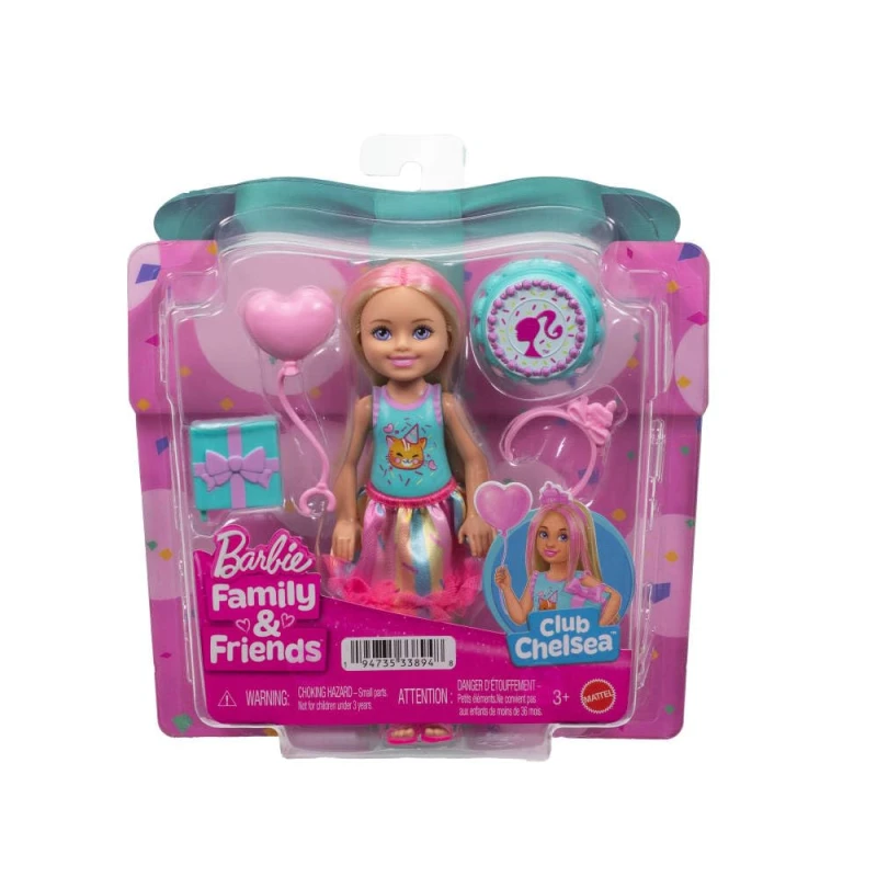 Image of Barbie Club Chelsea 6" Birthday-Themed Small Doll with Pink-Streaked Blonde Hair Colorful Dress & 4 Party Accessories JJB37