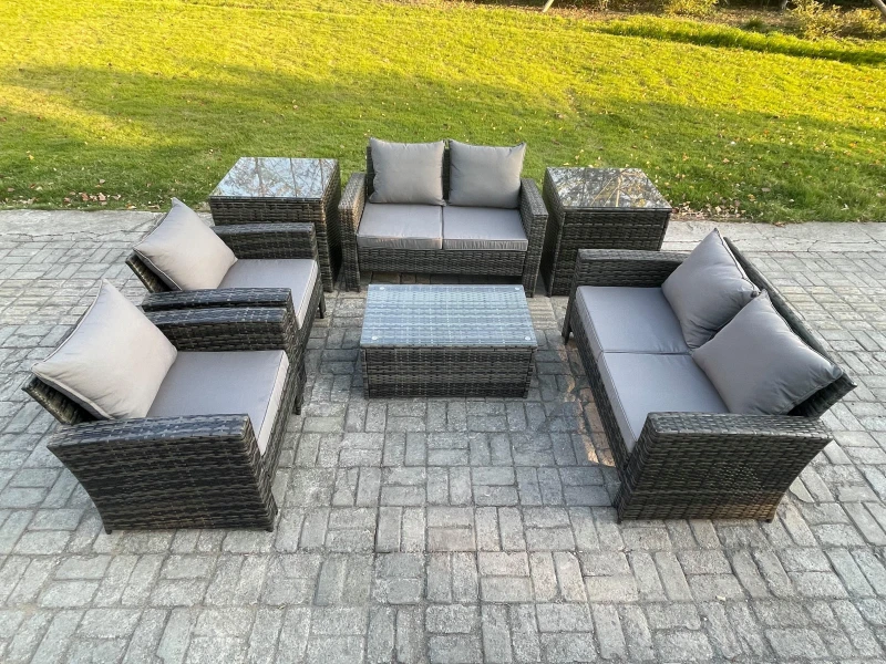 Image of Fimous Garden Furniture Sets 7 Pieces Outdoor Rattan Furniture Manual Wicker Patio Sofa Chair Set with Coffee Table 2 Side Tables in Dark Grey Dark Gr