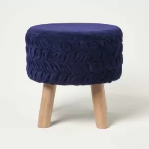 Image of HOMESCAPES Lyla Blue Pleated Velvet Footstool, 40cm Tall - Blue
