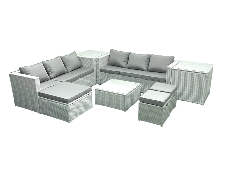 Image of Fimous Rattan Garden Outdoor Furniture Set 9 Seater Rattan Garden Sofa Set with 3 Footstools 2 Side Tables Light Grey Mixed Light Grey