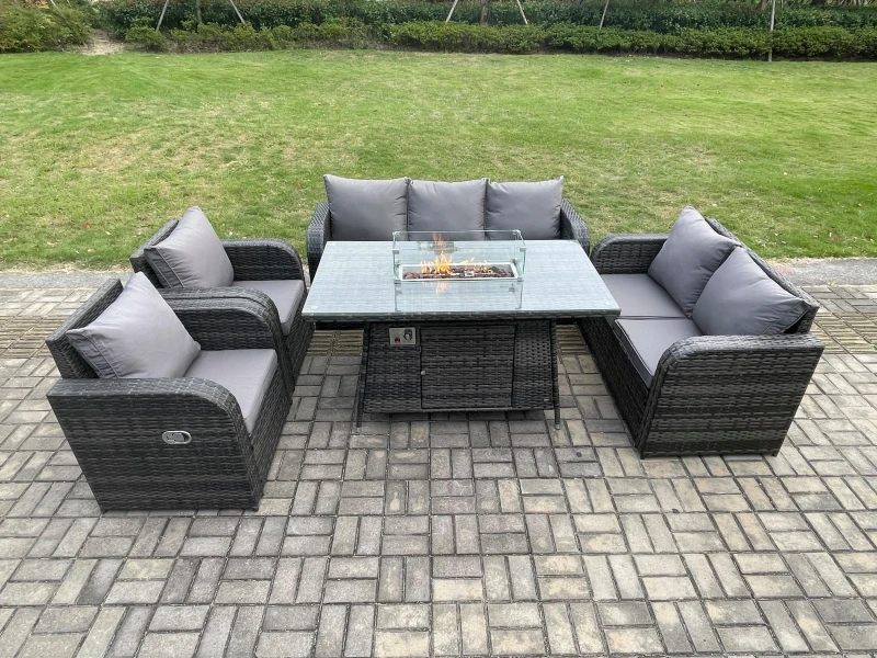 Image of Fimous Garden Patio Furniture Wicker Rattan Gas Fire Pit Table and Sofa Chair set Dark Grey Mixed Dark Grey