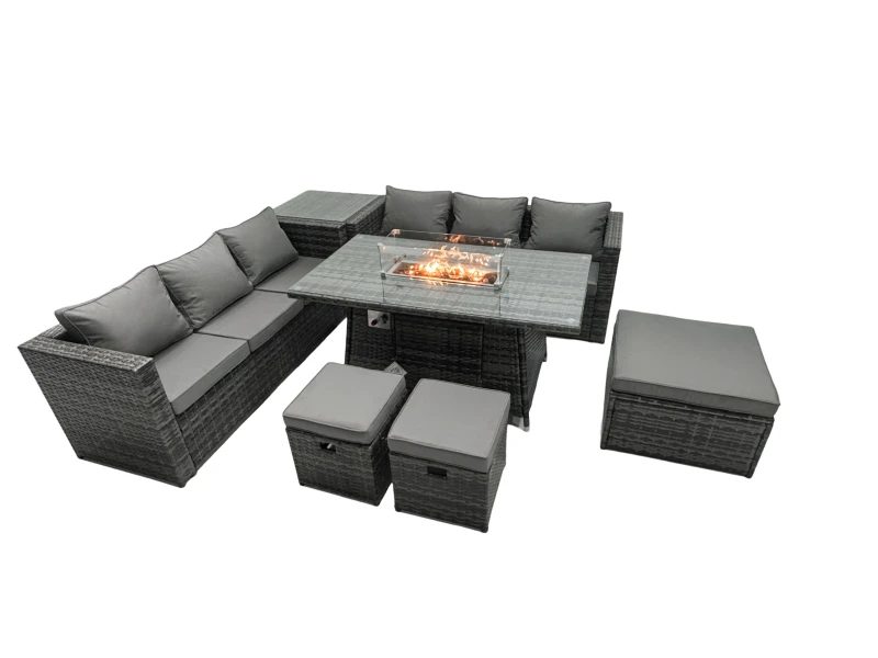 Image of Fimous Rattan Garden Furniture Firepit Dining Set 6 Seater Lounge Sofa Table Set with Side Table 3 Footstool Dark Grey