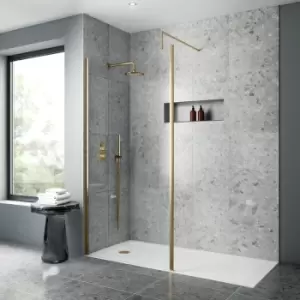 Image of Nuie Outer Framed Wetroom Screen 800mm W x 1850mm H with Support Bar 8mm Glass - Brushed Brass