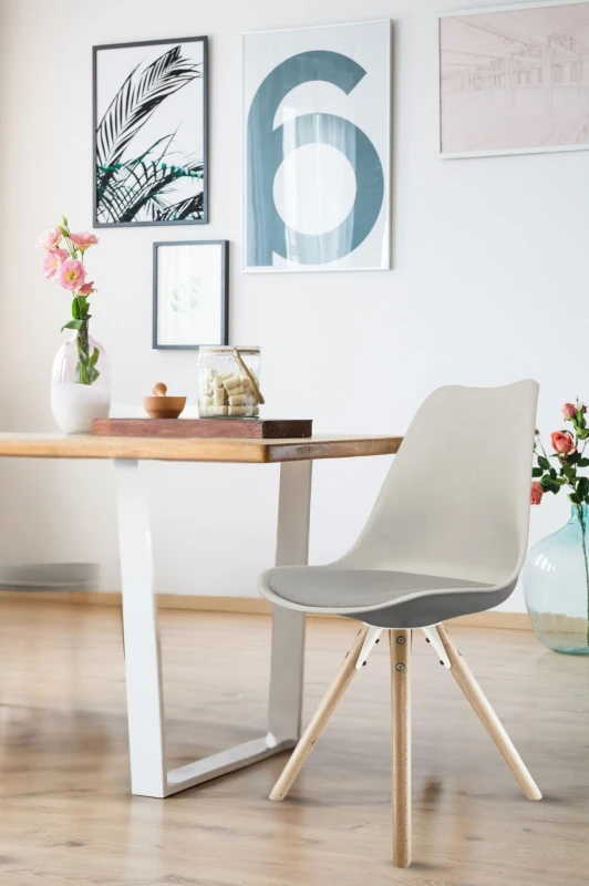 Image of Fusion Living Soho Plastic Dining Chair with Pyramid Light Wood Legs Light Grey