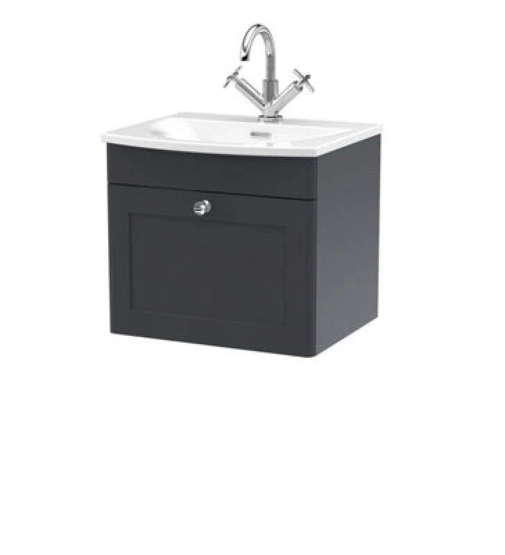 Image of NUIE Nuie - Classique Wall Hung 1-Drawer Vanity Unit with Curved Basin 500mm Wide - Satin Anthracite CLC1491J