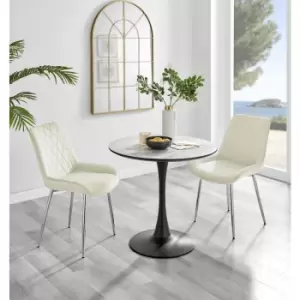 Image of Furniturebox Elina White Marble Effect Modern 80cm Round Dining Table & 2 Cream Pesaro Silver Leg Velvet Chairs