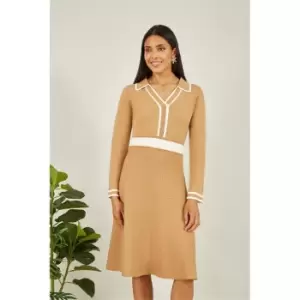 Image of Yumi Camel Contrast Collar Knitted Dress - Beige