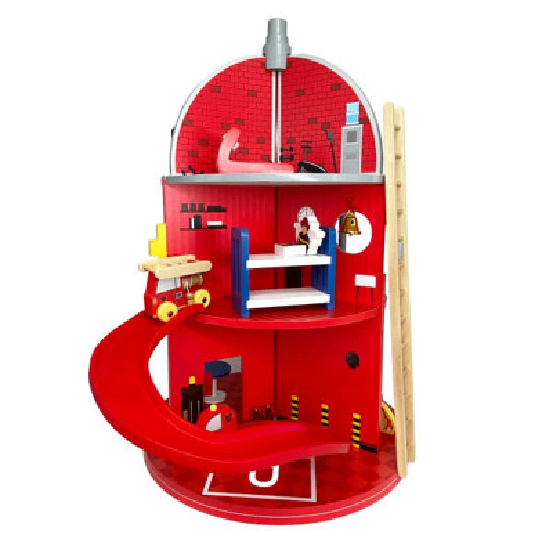 Image of Teamson Kids 3-Story Fire House With 25 Piece Figurines Set, Red