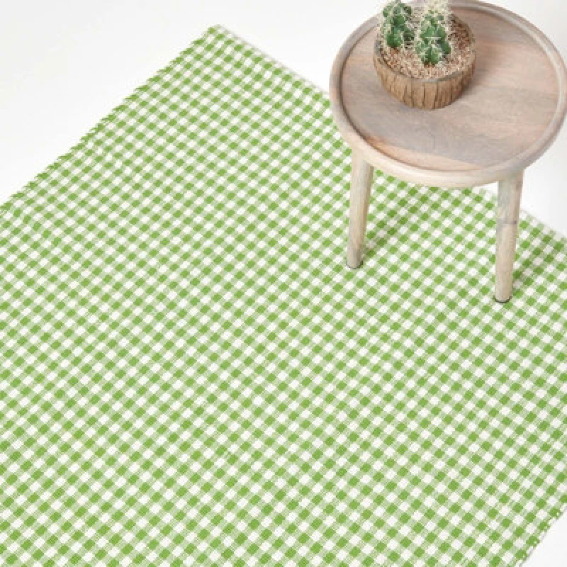 Image of Homescapes Cotton Gingham Check Rug Hand Woven Green White, 60 X 90 Cm