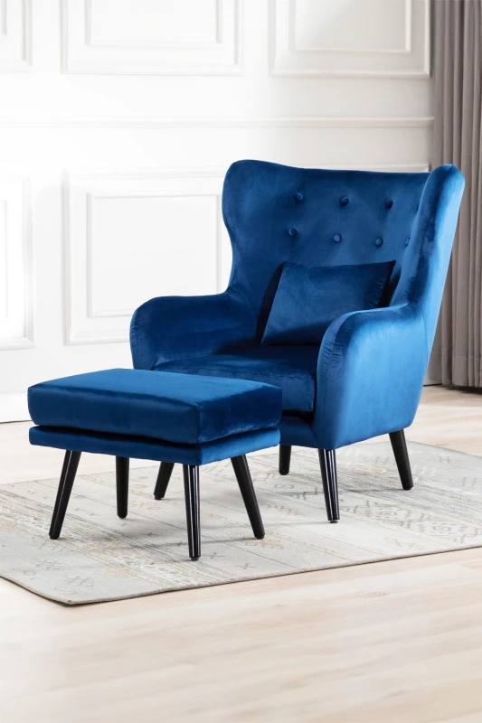 Image of Winslow Wing Back Occasional Fabric Lounge Accent Chair Living Room Armchair Navy with Footstool - Navy with Footstool FUR-ACC-VEL-WINSLOW-NAVY-SET