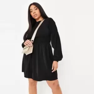 Image of Missguided Ls Shirred Smock Dress - Black
