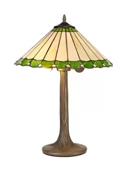 Image of 2 Light Tree Like Table Lamp E27 With 40cm Tiffany Shade, Green, Crystal, Aged Antique Brass