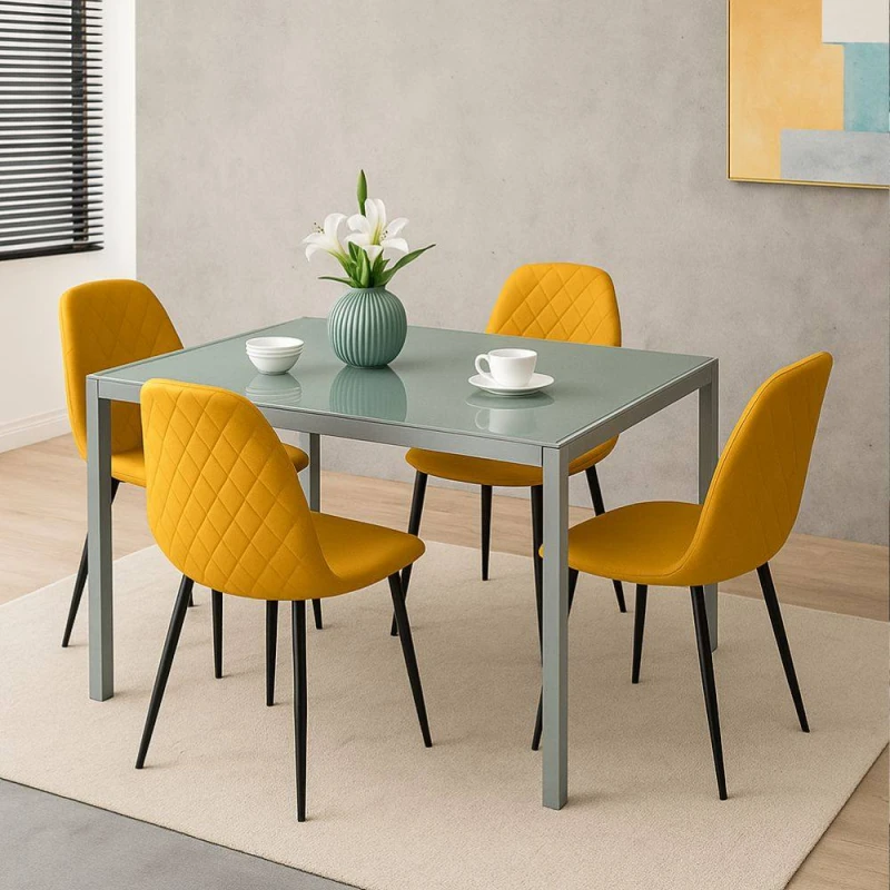 Image of Kosy Koala Modern Grey Glass Dining Table Set With 4 Mustard Gem Pattern Chairs Dining Room Furniture