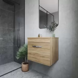 Image of Nuie - Athena Wall Hung 1-Drawer Vanity Unit and Worktop 500mm Wide - Natural Oak