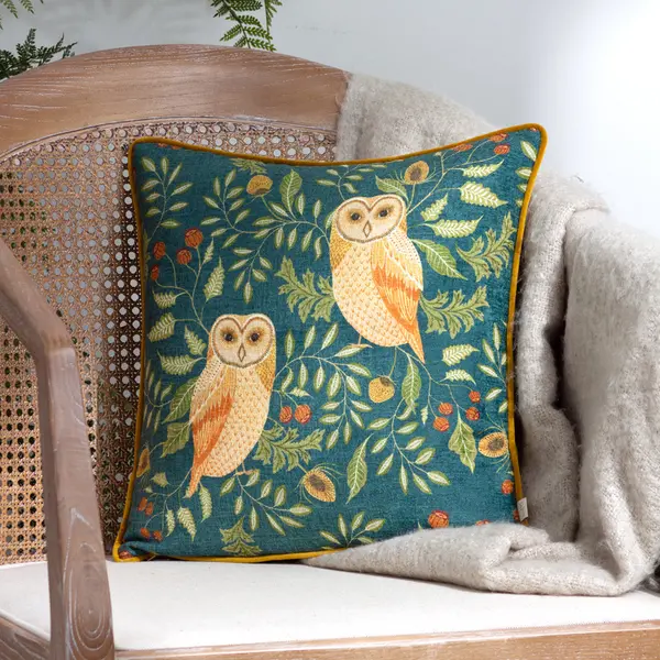 Image of Hawthorn Owls Cushion Teal, Teal / 43 x 43cm / Polyester Filled