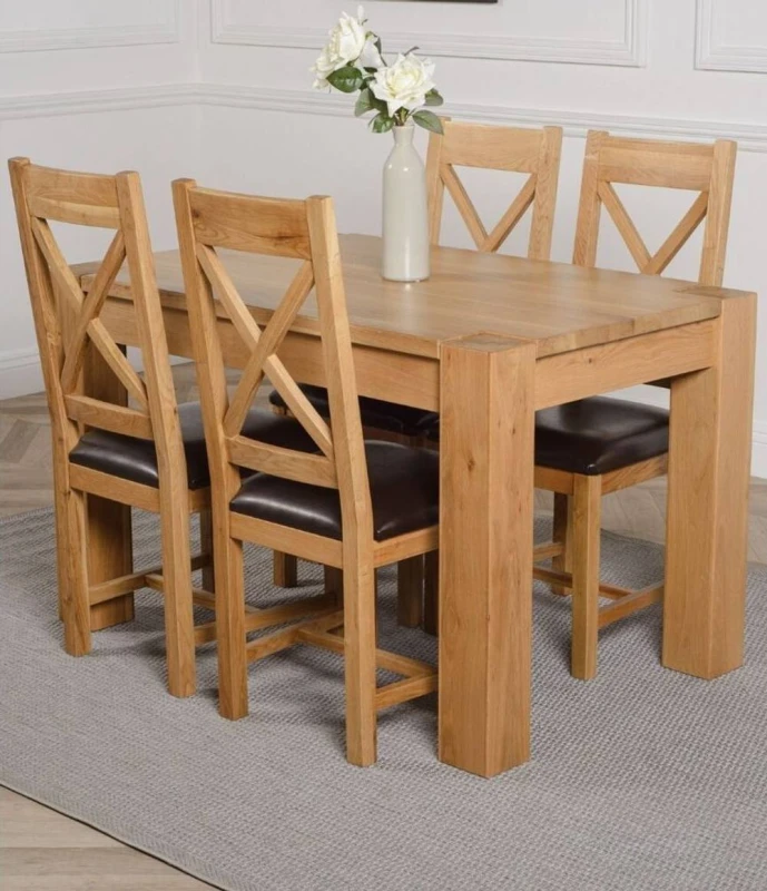 Image of Thats Furniture Kuba 125 x 80cm Chunky Oak Small Dining Table & 4 Berkeley Leather Chairs in Brown Size: 125 x 80cm Brown Unisex 125 x 80 cm