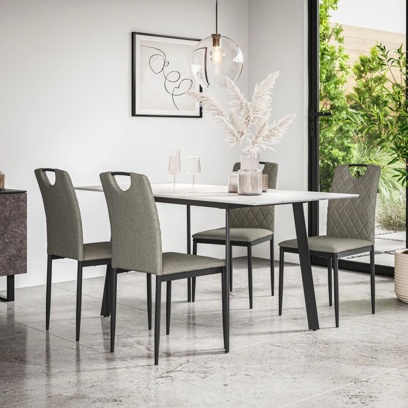Image of More4Homes Haydon Extending Dining Table + Chairs- White Marble Effect Table Top W Black Legs + Monza Linen Dining Chair Set Of 4 (Grey)