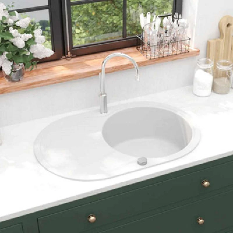 Image of Vidaxl Granite Kitchen Sink Single Basin Oval White