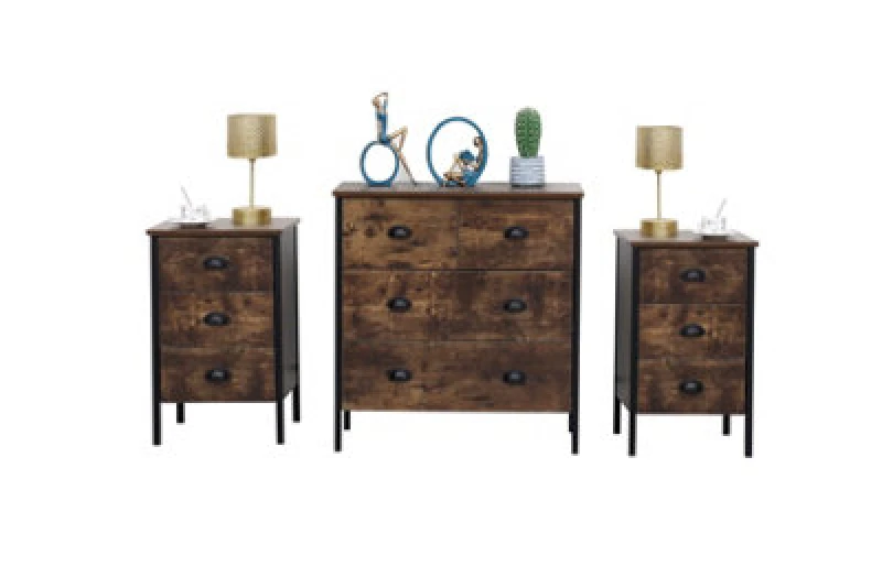 Image of Furniturehmd Rustic Brown Set Of 2 Side Table Bedside Table With 3 Drawer Storage Floor Cabinet Vintage Sideboard Cupboard Storage