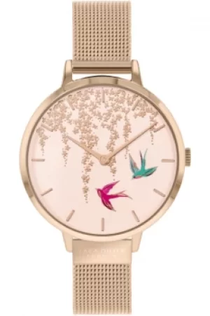 Image of Sara Miller Blossom Ladies Rose Gold Stainless Steel Mesh Strap Flying Birds Watch SA4044