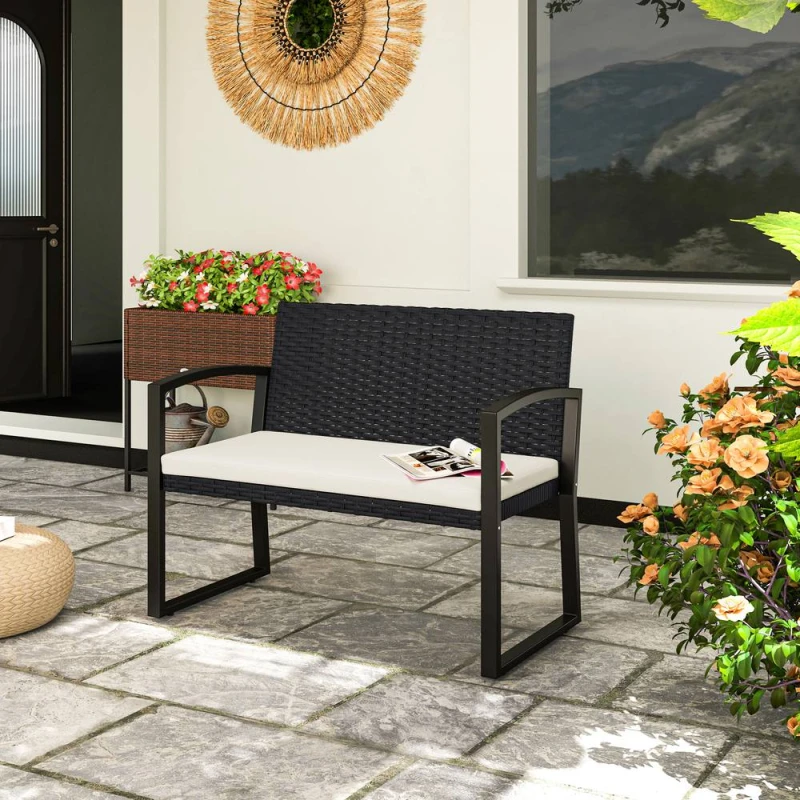 Image of Outsunny 2 Seater Rattan Garden Bench with Cushion, Steel Frame, Black Jet Black