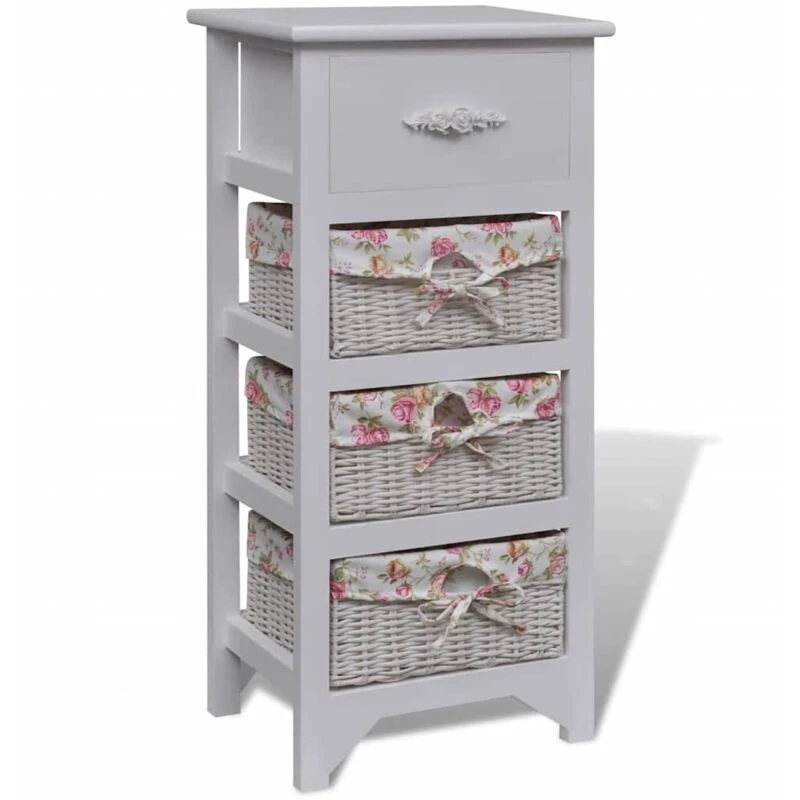 Image of vidaXL Cabinet with 1 Drawer and 3 Baskets White Paulownia Wood Storage Unit