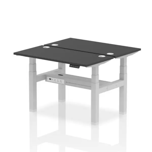 Image of Air Air Back-to-Back 1200 x 600mm Height Adjustable 2 Person Bench Desk Black Top with Cable Ports Silver Frame HASCP2P12600BLKS